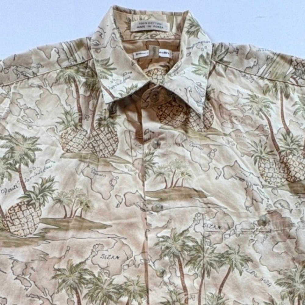Pierre Cardin Hawaiian Shirt Mens Medium Tan Cotton Tropical Map Pineapple Print